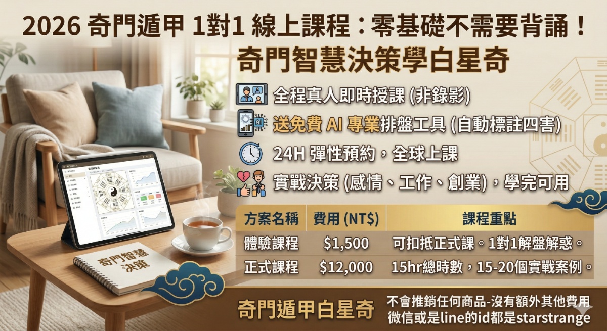 2026 奇門遁甲線上課程推薦：白星奇 1對1 教學