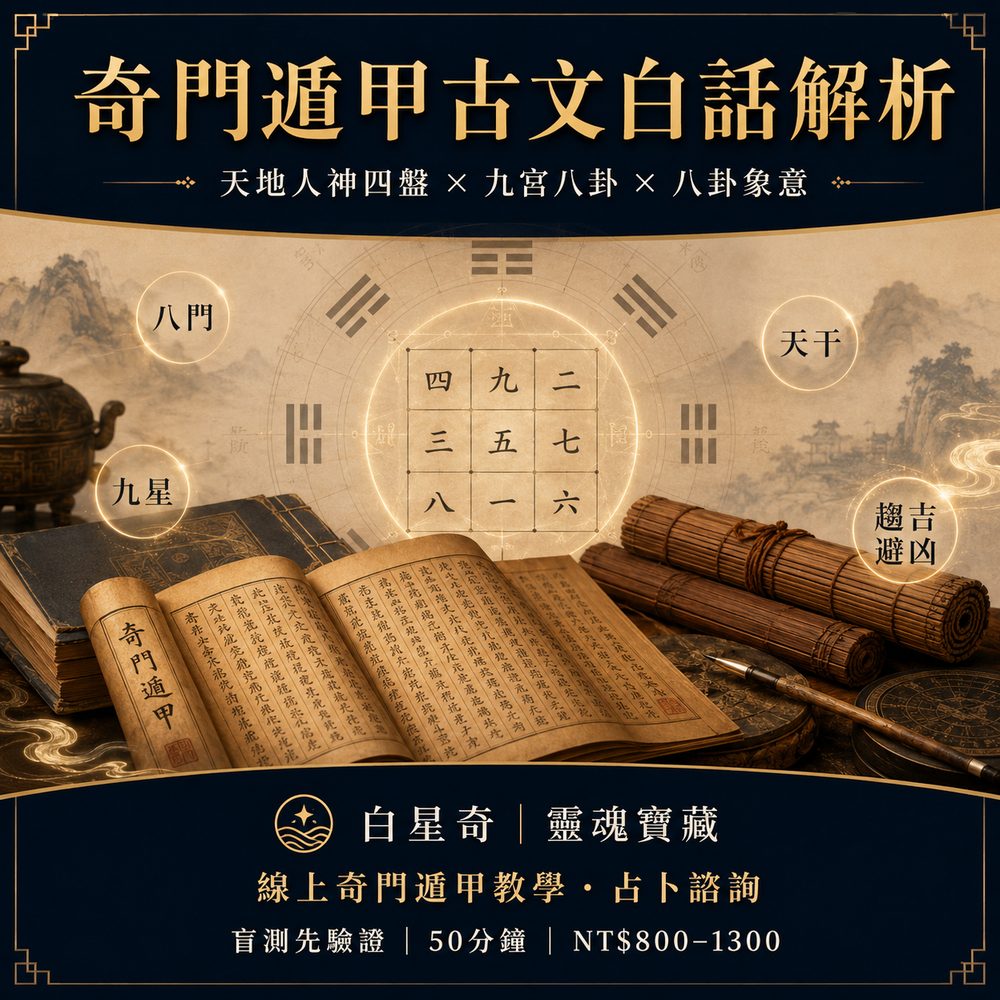 奇門遁甲古文白話解析宣傳圖，包含九宮八卦、古籍卷軸、八門九星天干與趨吉避凶意象。