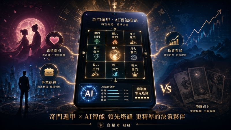 AI占卜與真人奇門占卜差別示意圖，一人使用電腦解盤，旁邊浮現九宮格與決策光線。
