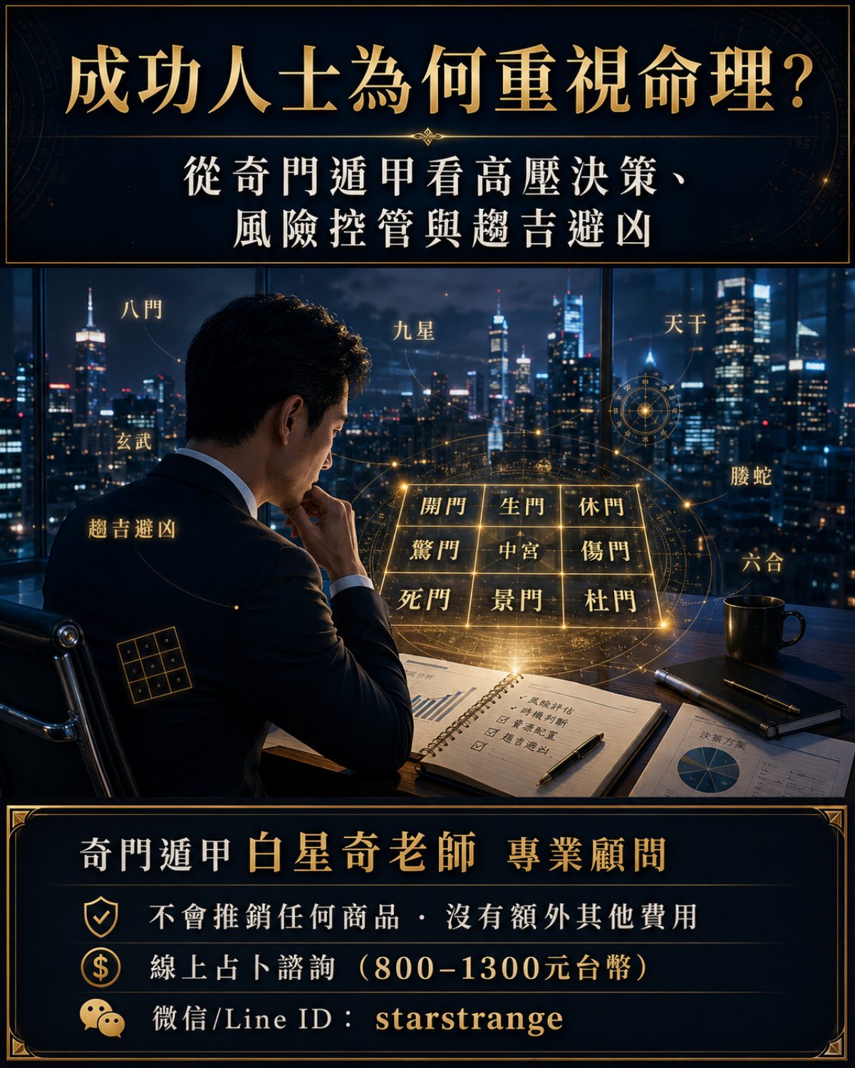 成功人士在高壓決策前參考奇門遁甲，透過命理判斷風險、時機、合作關係與趨吉避凶方向。