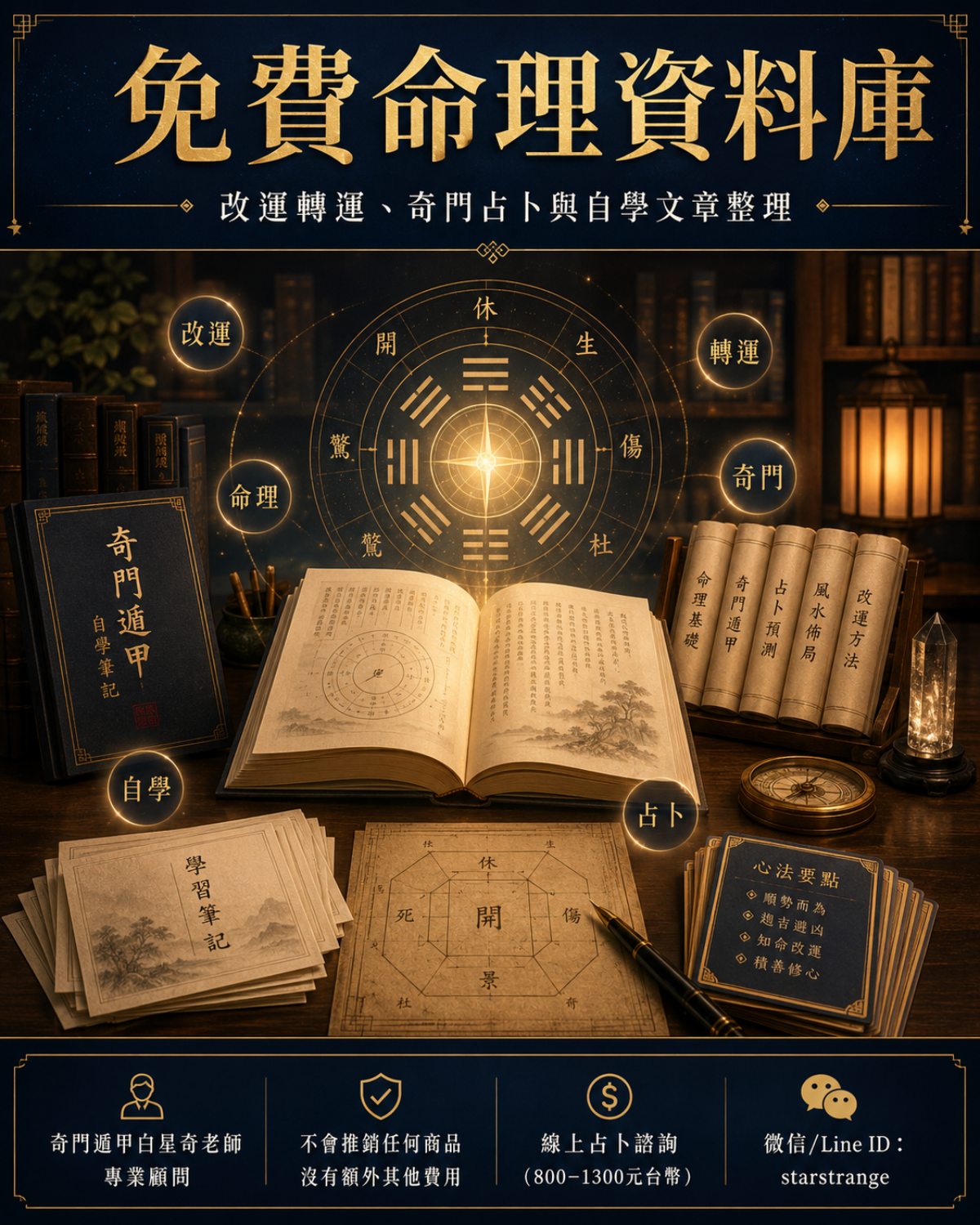 免費命理資料庫宣傳圖，主題為改運轉運、奇門占卜與自學文章整理，畫面包含命理書籍、奇門盤、古風書桌與白星奇線上占卜諮詢資訊。