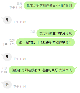 對話證據｜女事主問：跟(暱稱)璇 雙方未來情感趨勢如何(目前情侶)｜先斷：未問先斷：雙方意見嚴重分歧.嚴重就是對方提分手；印證：客戶印證：是（2025-10-04）