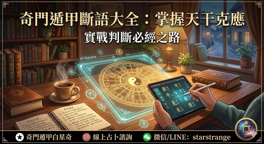 「奇門斷語」主要是指十天干在天盤與地盤相遇時，根據其五行生剋與陰陽關係所產生的固定判斷語，它不僅是奇門遁甲中最具代表性的判斷準則，更是解讀盤面能量變化的關鍵鑰匙。