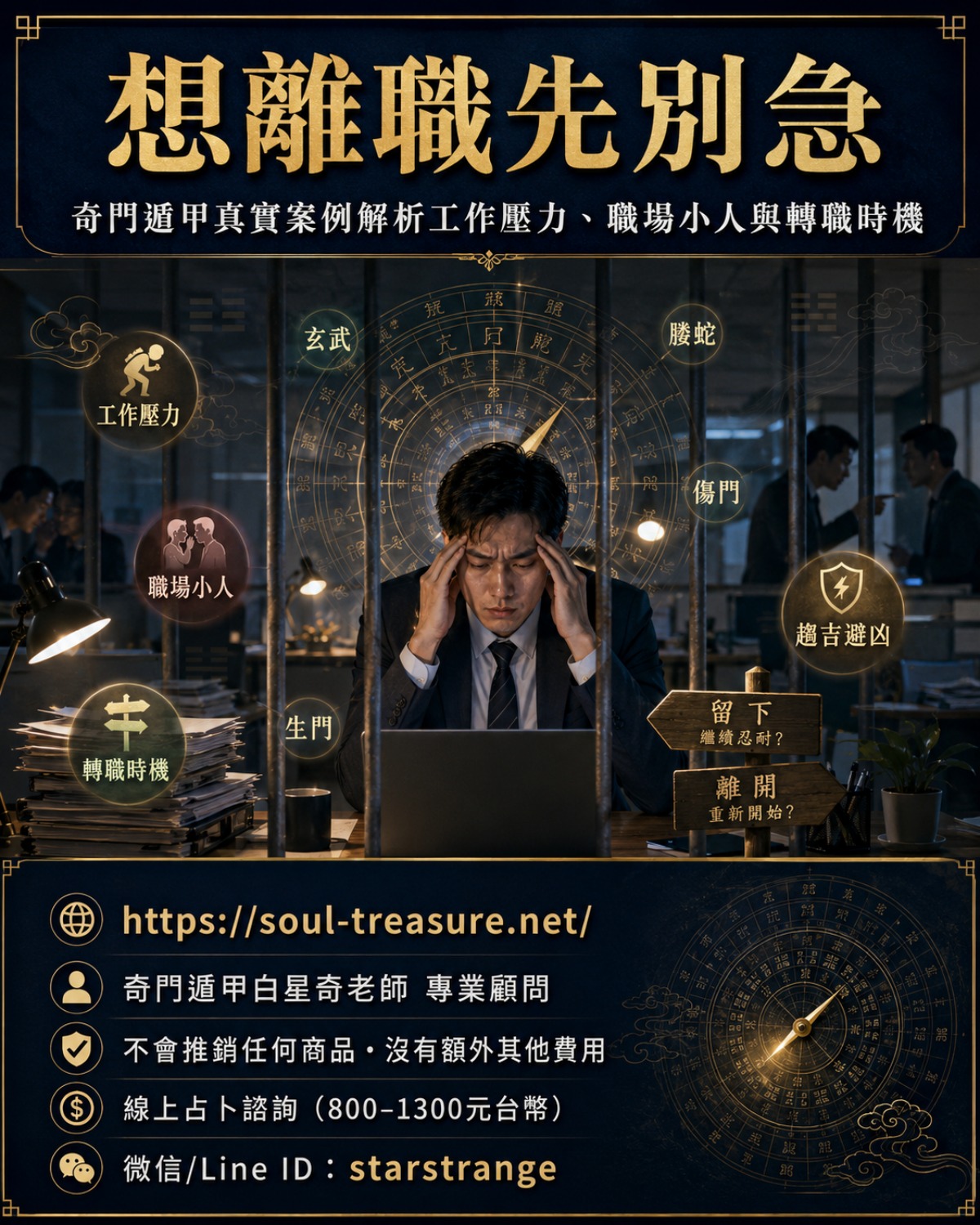 想離職先別急:奇門遁甲真實案例解析工作壓力、職場小人與轉職時機 1 奇門遁甲離職真實案例宣傳圖,呈現工作壓力、職場小人與轉職時機主題