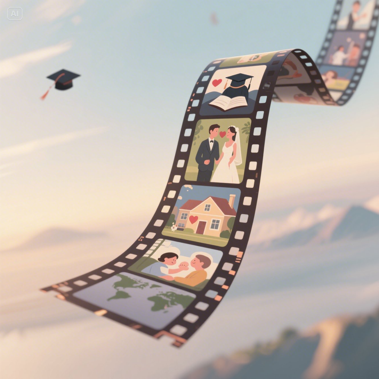 jimeng 2025 07 01 367 A floating film strip in the air each frame represents a major life decision
