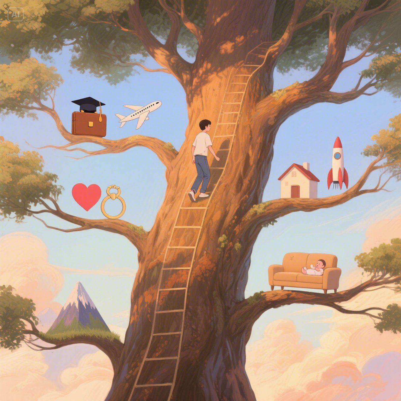 jimeng 2025 07 01 369 A giant symbolic tree with a person walking upward along the main trunk. At ea 1