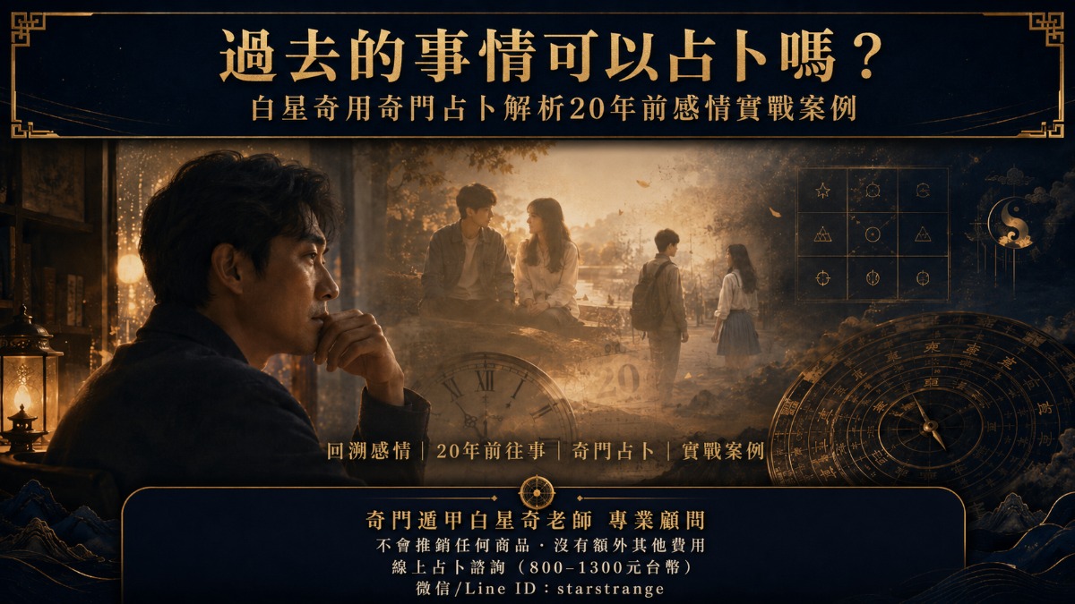 過去的事情可以占卜嗎？白星奇用奇門占卜解析20年前感情實戰案例宣傳圖，畫面呈現男子回望往事、情侶回憶、時鐘與奇門盤意象