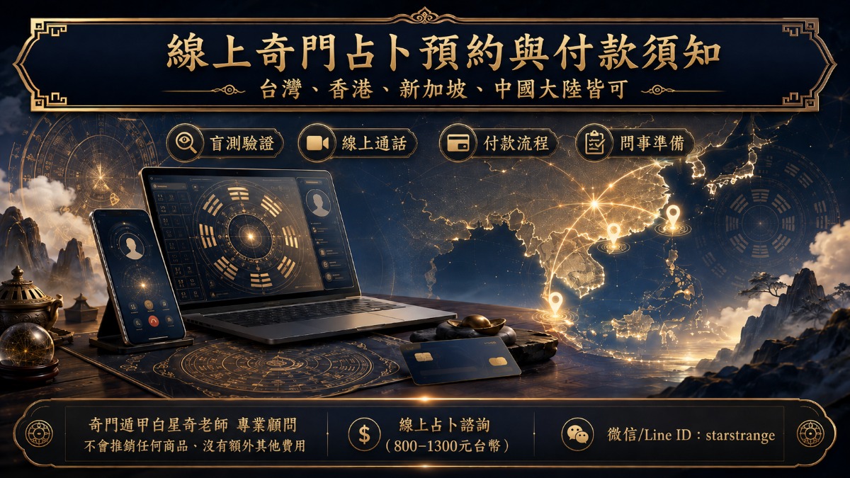 線上奇門占卜預約與付款須知|台灣、香港、新加坡、中國大陸皆可 1 奇門占卜預約與付款須知,白星奇線上通話流程與費用說明