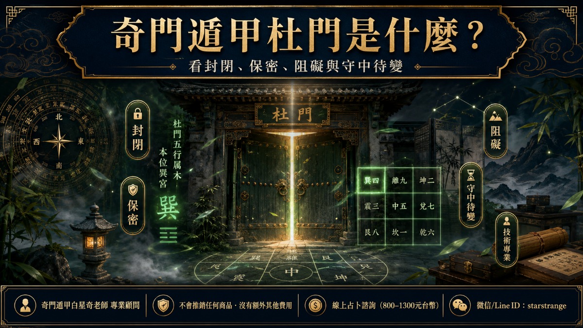奇門遁甲杜門:白星奇解析封閉、保密、阻礙與多宮位盤象判斷(2026) 1 奇門遁甲杜門象意解析,包含封閉、保密、阻礙、技術專業與守中待變的問事判斷
