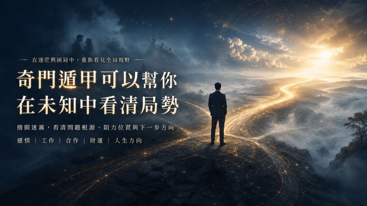 白星奇|奇門遁甲問事與線上奇門占卜:課程教學、實戰案例與自研排盤工具 1 奇門遁甲情境主視覺圖:人物站在迷霧與岔路前,透過盤象視角撥開迷霧,看清人生局勢與前方方向