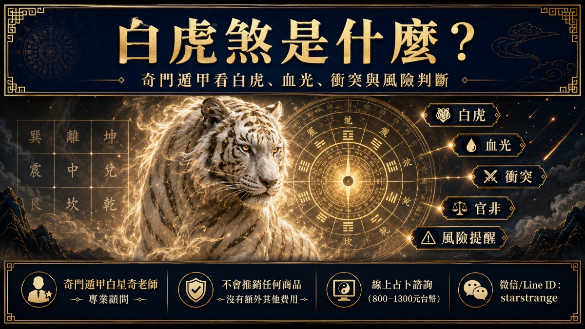 白虎煞是什麼?奇門遁甲看白虎、血光、衝突與風險判斷 1 白虎煞與奇門遁甲白虎風險判斷示意圖,包含血光、衝突、官非與避險決策
