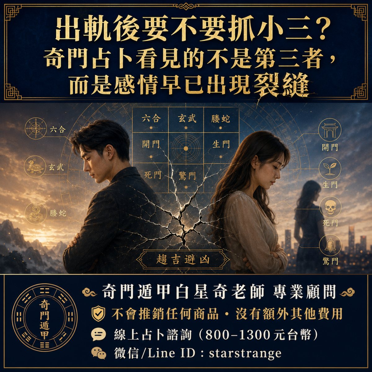 出軌後要不要抓小三，奇門占卜看第三者背後的感情裂縫與關係修復方向。