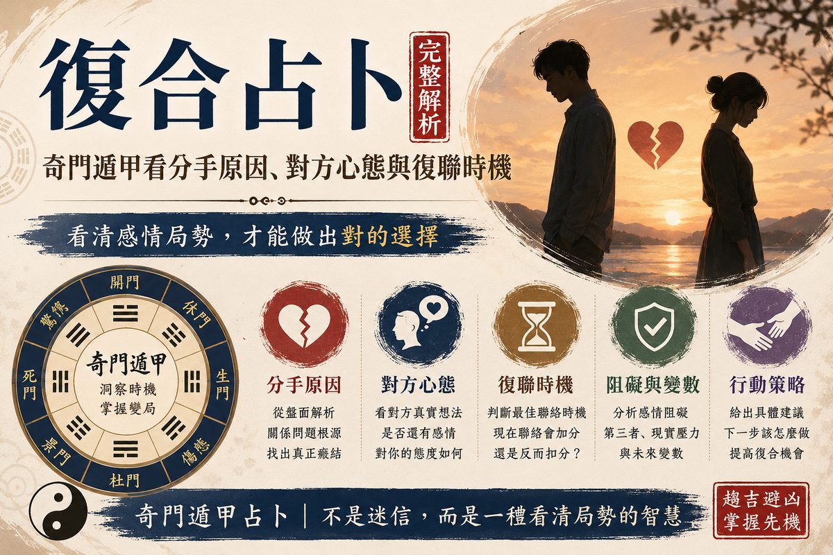 復合占卜圖片，奇門遁甲看分手原因對方心態復聯時機與感情阻礙
