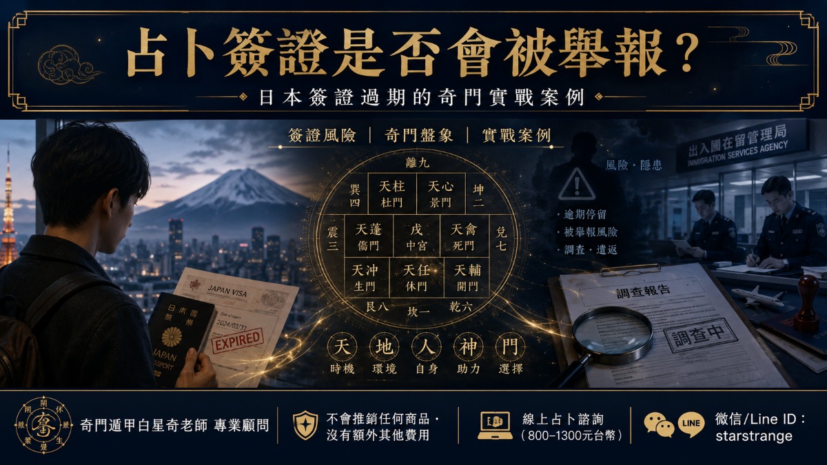占卜簽證是否會被舉報的宣傳海報，日本簽證過期奇門實戰案例主題，畫面含簽證文件、奇門盤象、風險警示與白星奇老師線上占卜資訊