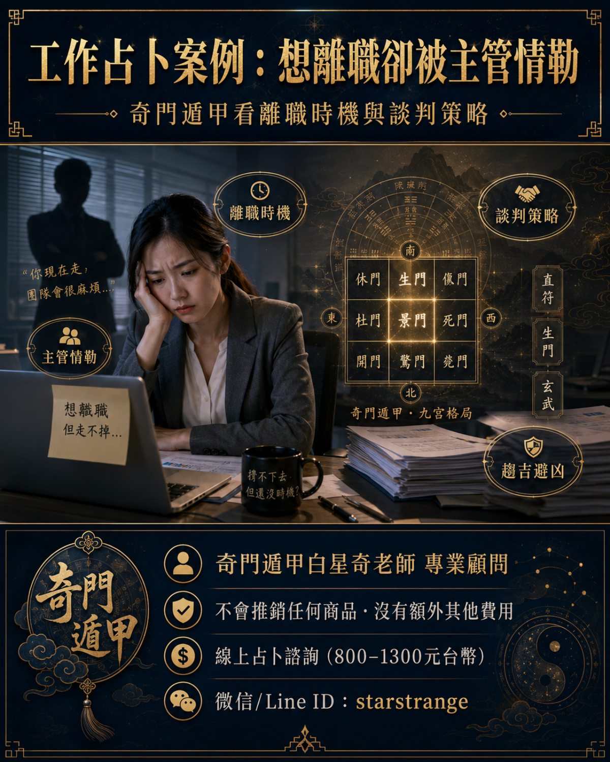 工作占卜案例宣傳圖，奇門遁甲解析想離職卻被主管情勒的離職時機與談判策略