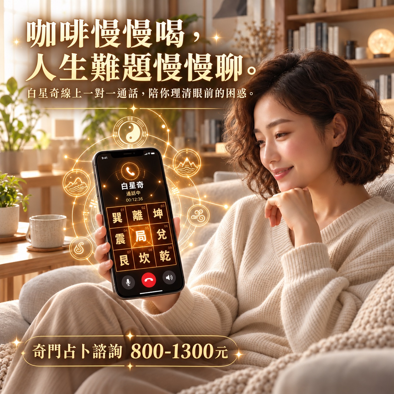 咖啡慢慢喝，人生難題慢慢聊。白星奇線上一對一通話解惑，手機顯示奇門遁甲九宮盤，奇門占卜諮詢 800 至 1300 元。